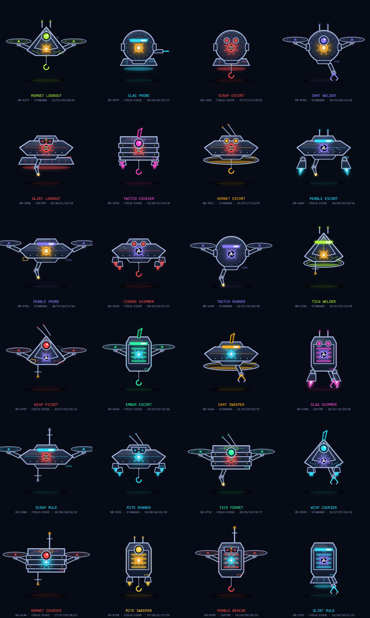Contact sheet of 24 sample drones